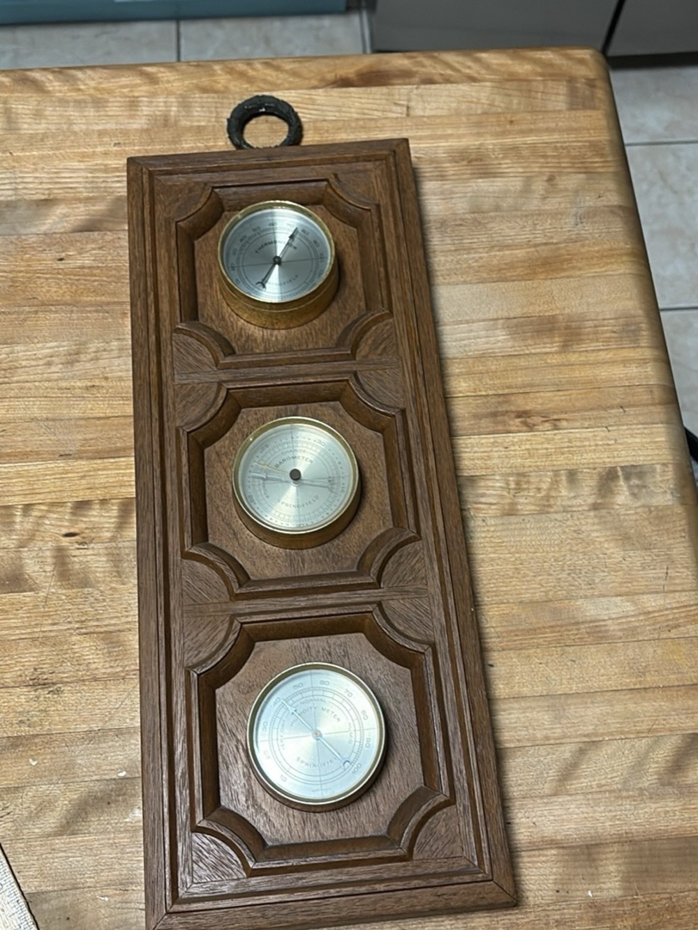 Vintage Triple Dial Wood Weather Station Wall Plaque - Brown